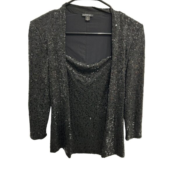 Lafayette 148 New York Black Sequin Silk Blend Long Sleeve Top Sz Small - Picture 1 of 9